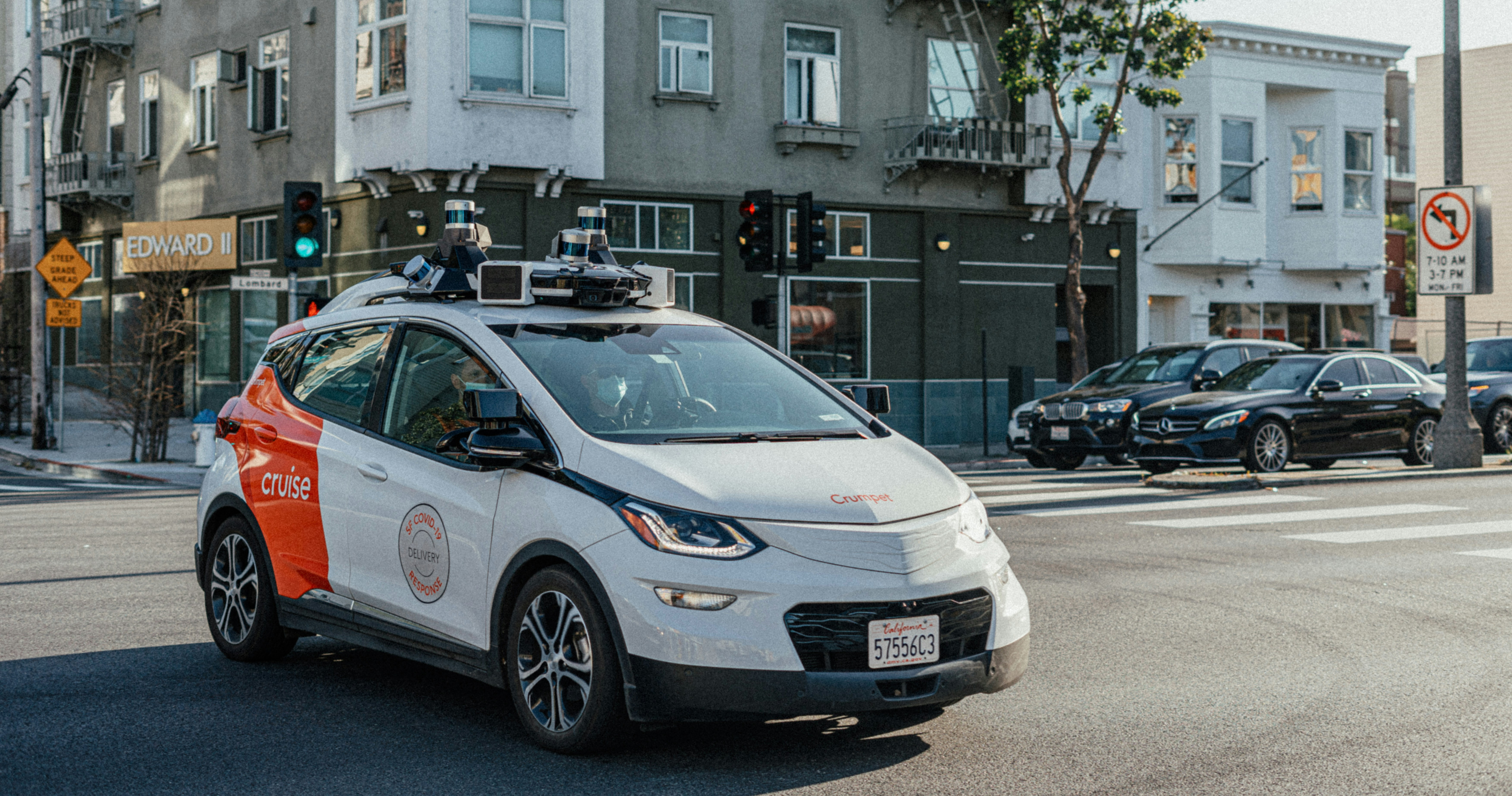 Autonomous vehicle and autonomous AI interact on the street.